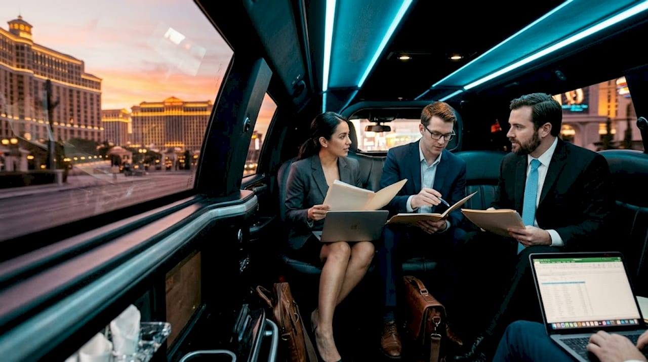 Corporate team discussing in limousine interior