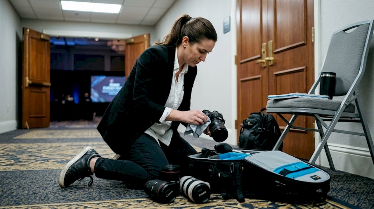 Photographer organizing gear before wedding shoot