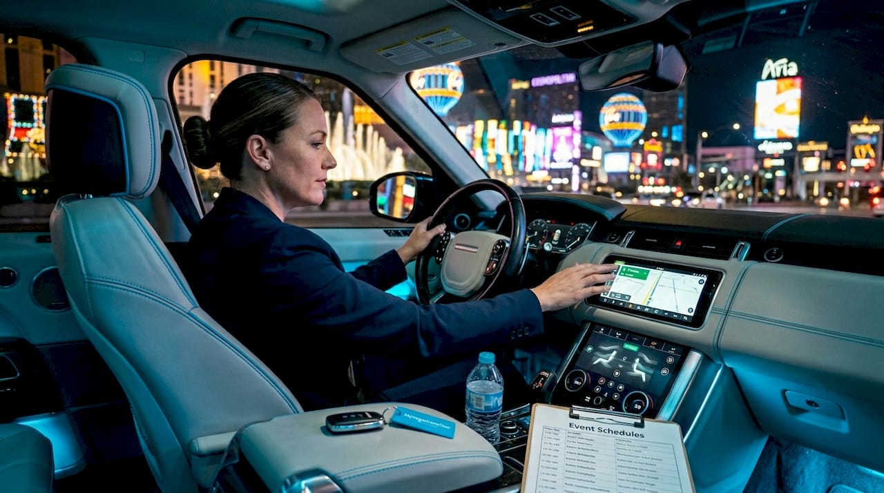 Chauffeur checks route in Las Vegas at night