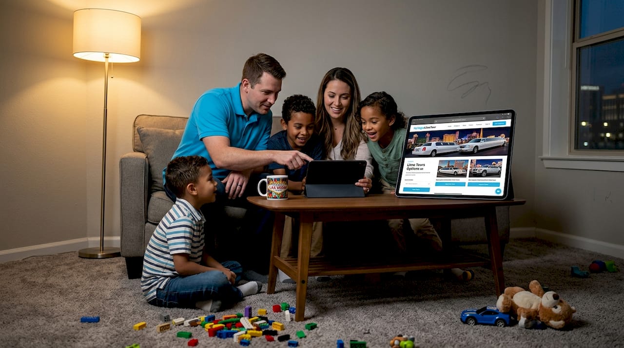 Family reviewing Vegas limo tour options at home