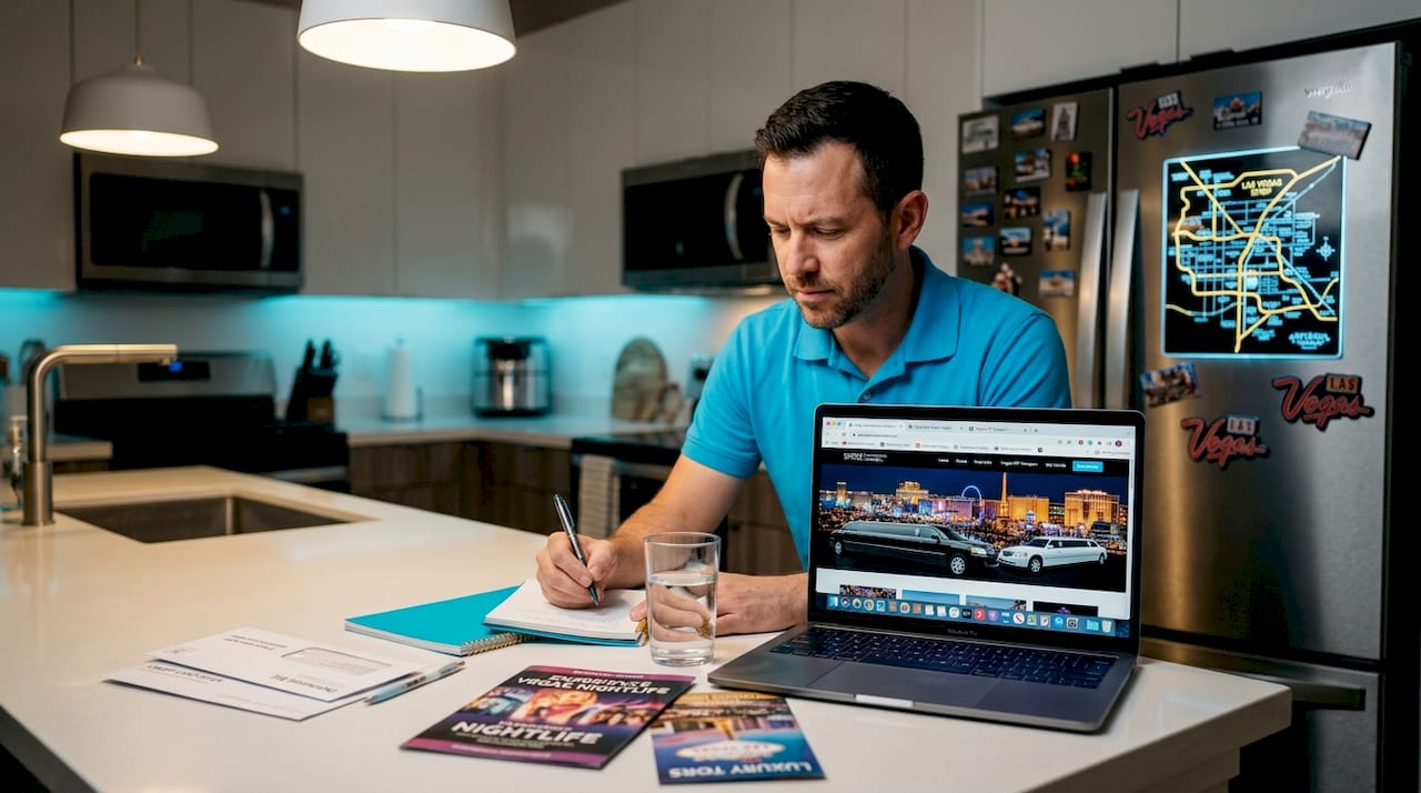 Man researching Vegas limo services at kitchen island