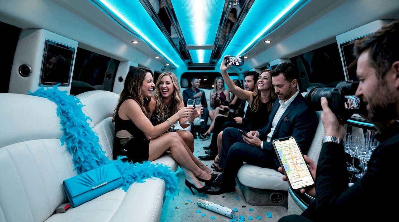 Celebratory group laughing in luxury limo