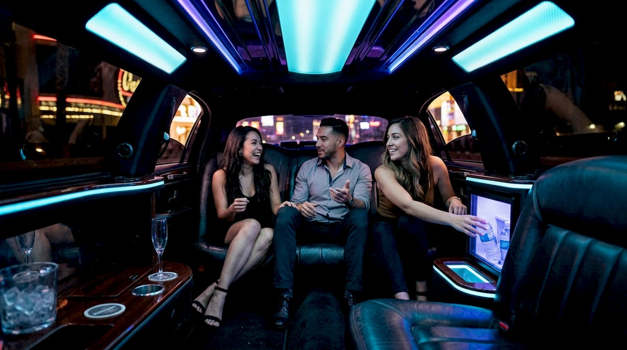 Friends enjoy included amenities inside Vegas limo
