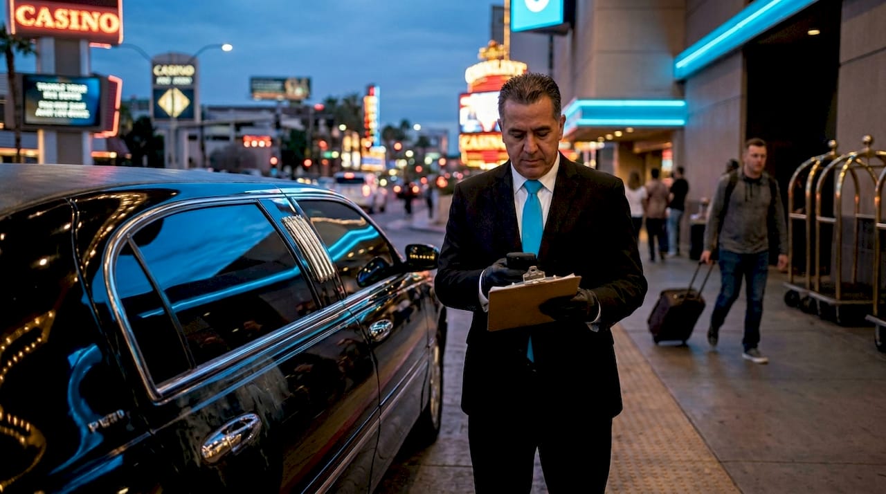 Chauffeur ready with limousine at hotel entrance