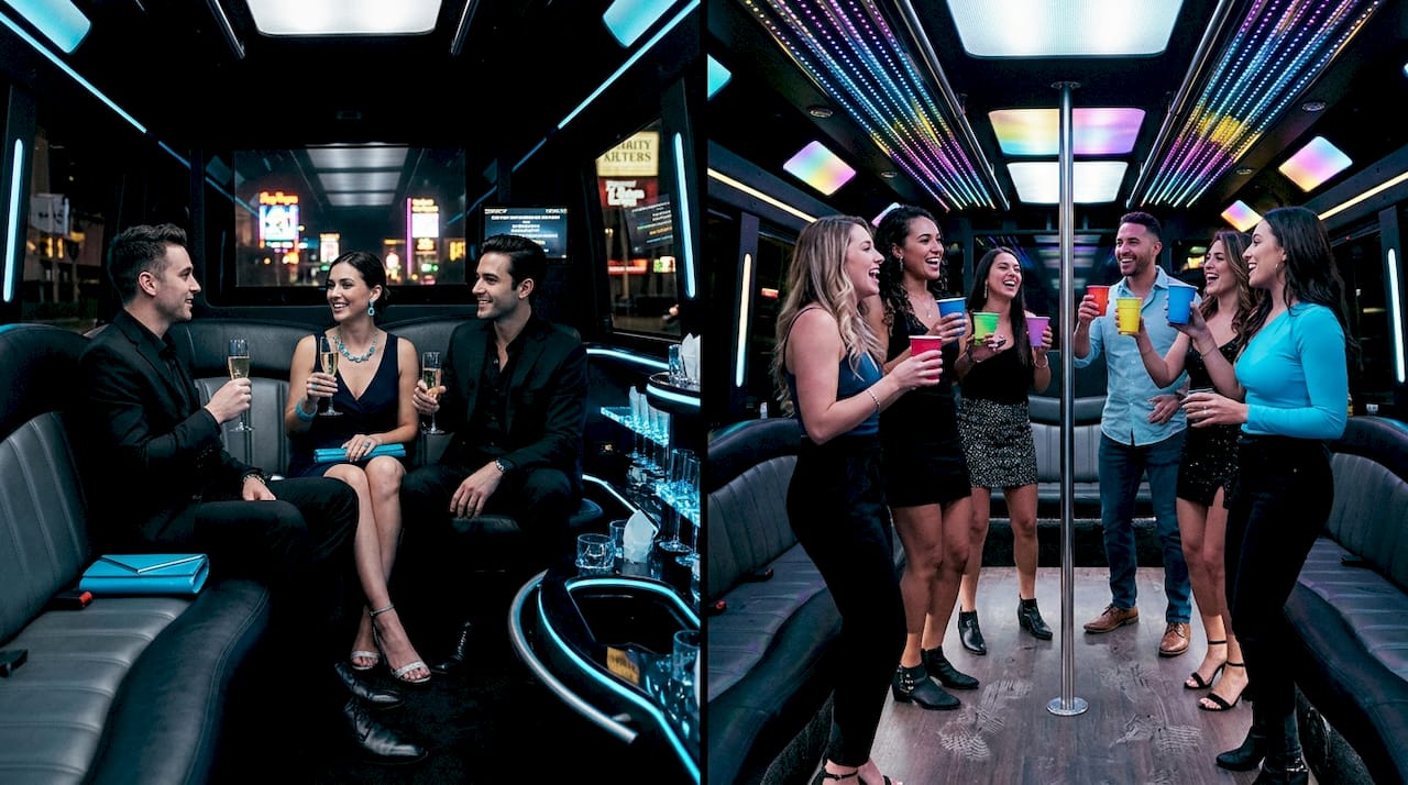 Split view of limousine and party bus interiors