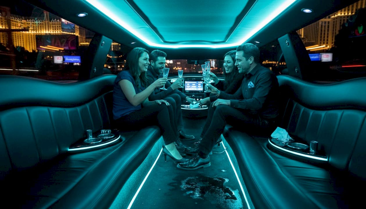 Group celebrating inside limousine at night