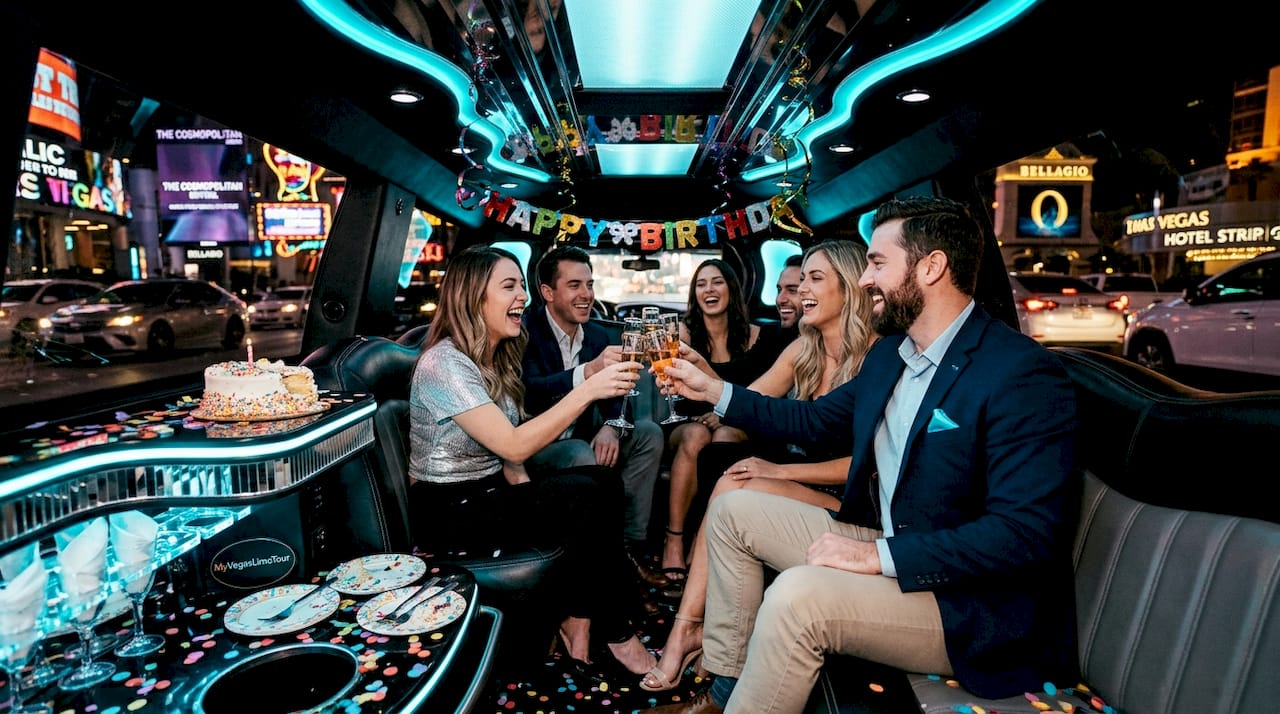 Friends celebrating birthday inside limousine