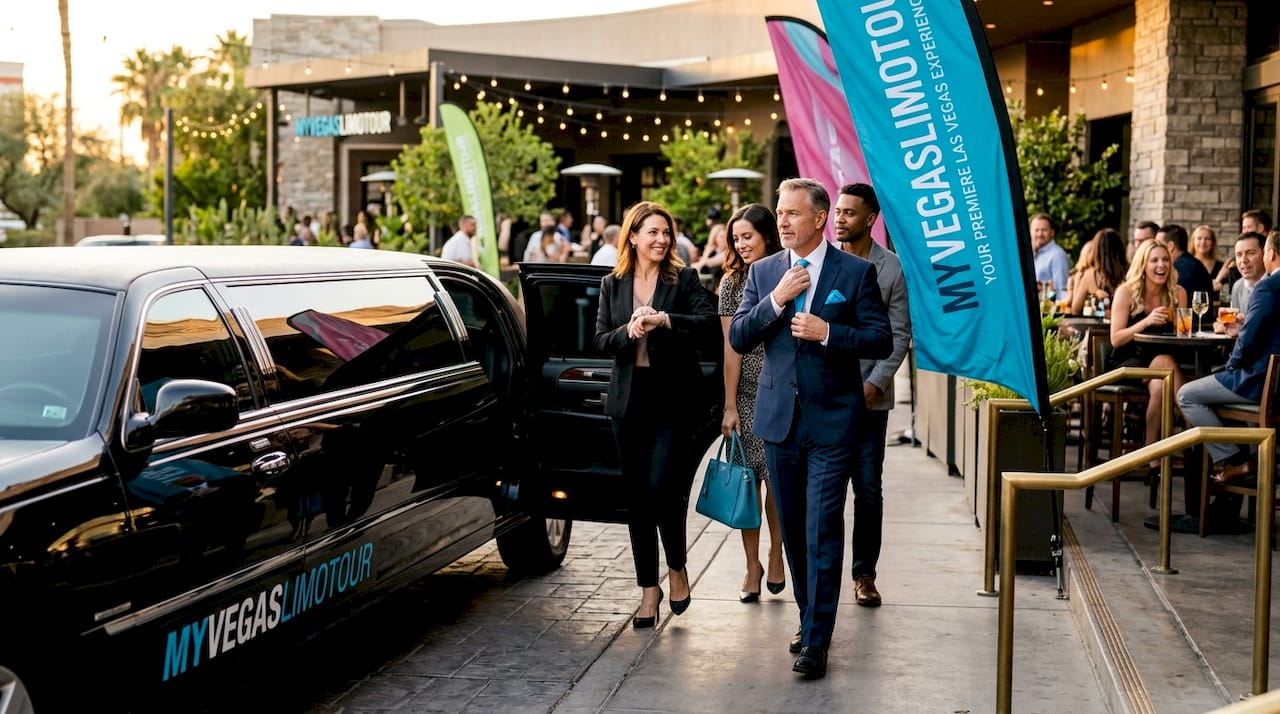 Business group exiting limo at city hotel