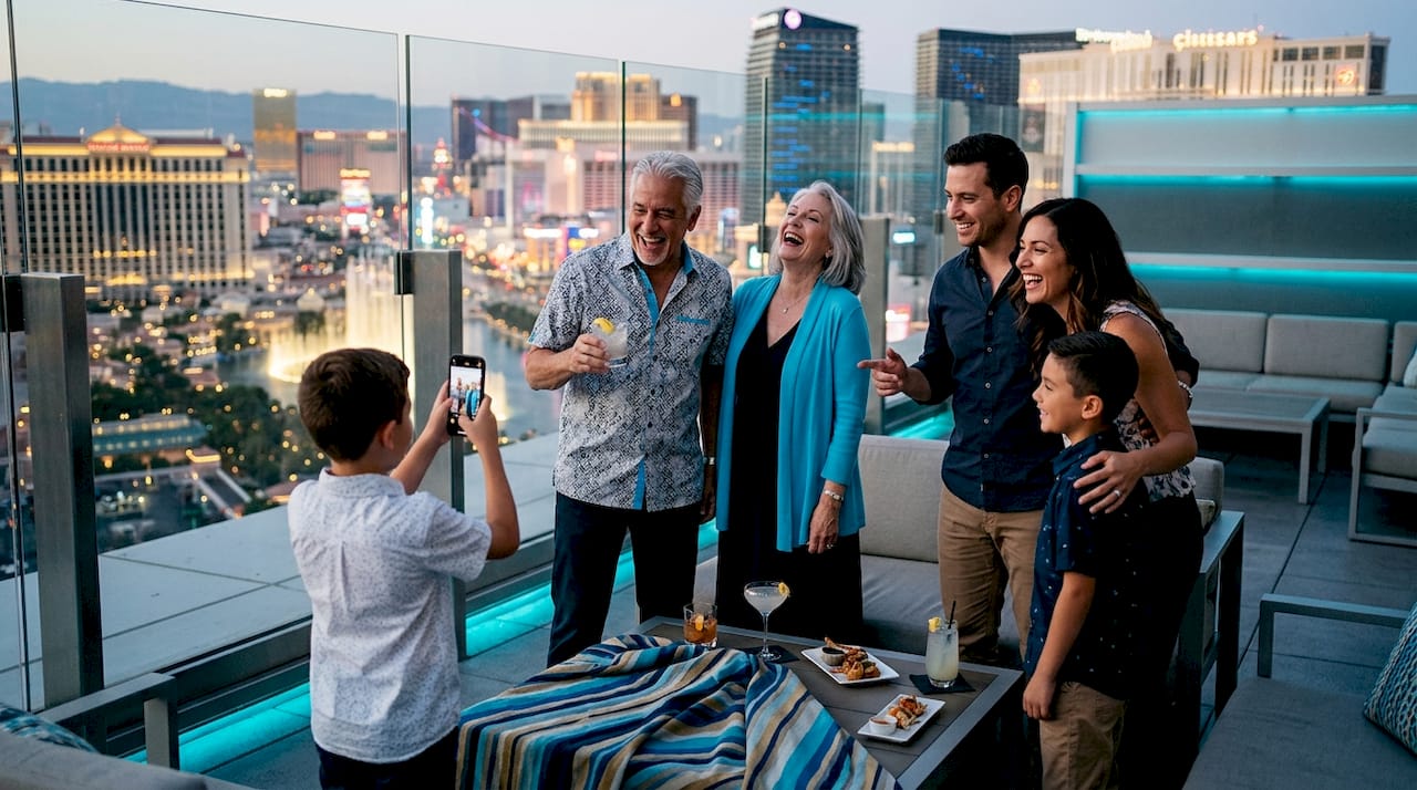 Family group enjoys Bellagio fountain celebration