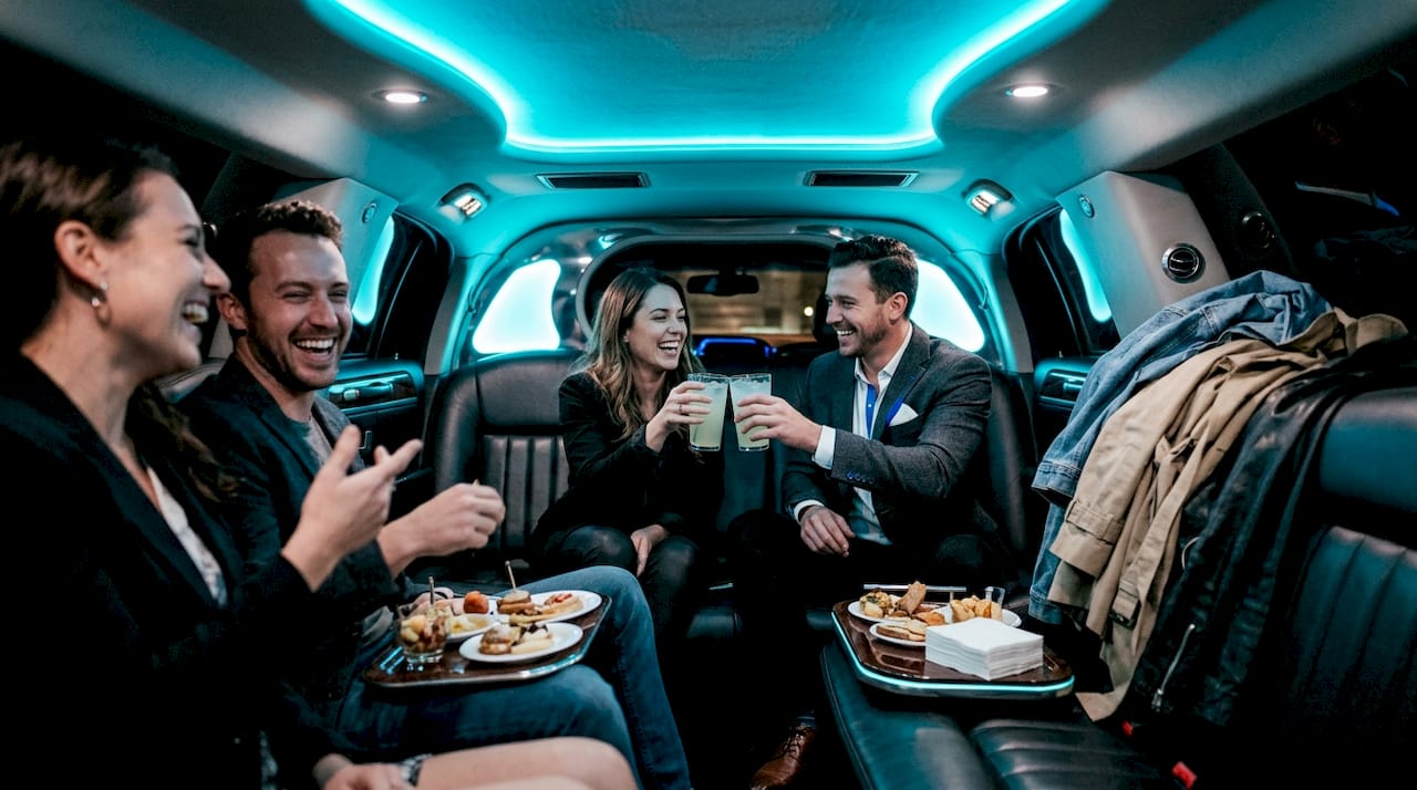 Friends enjoying refreshments inside limousine