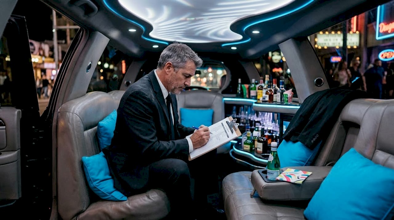 Chauffeur verifying limo amenities in interior