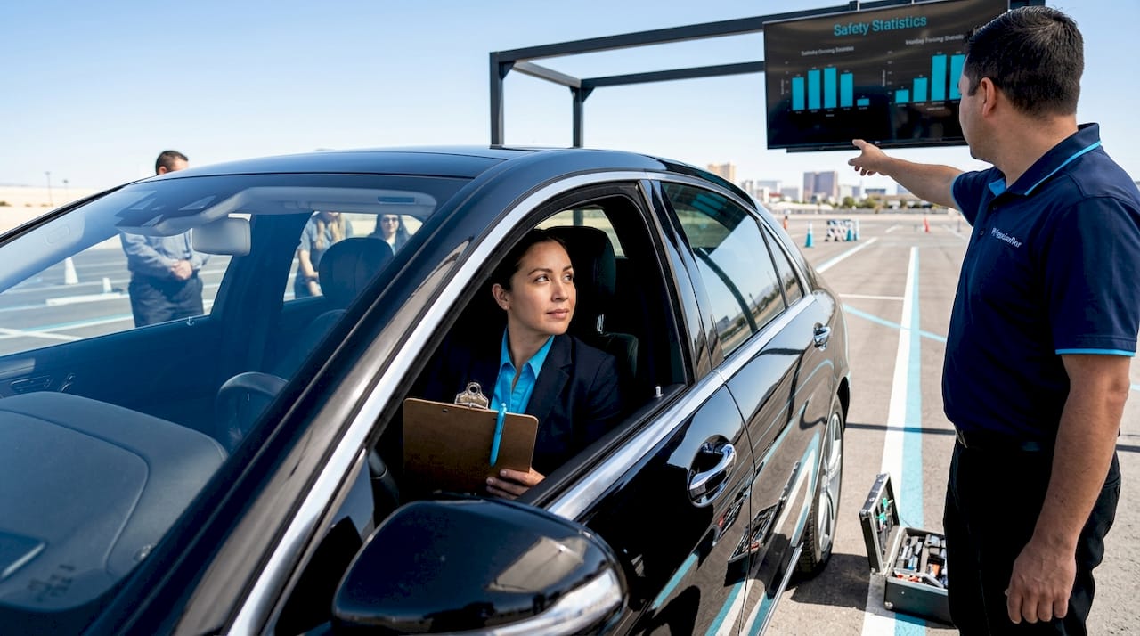 Chauffeur in training with checklist in vehicle