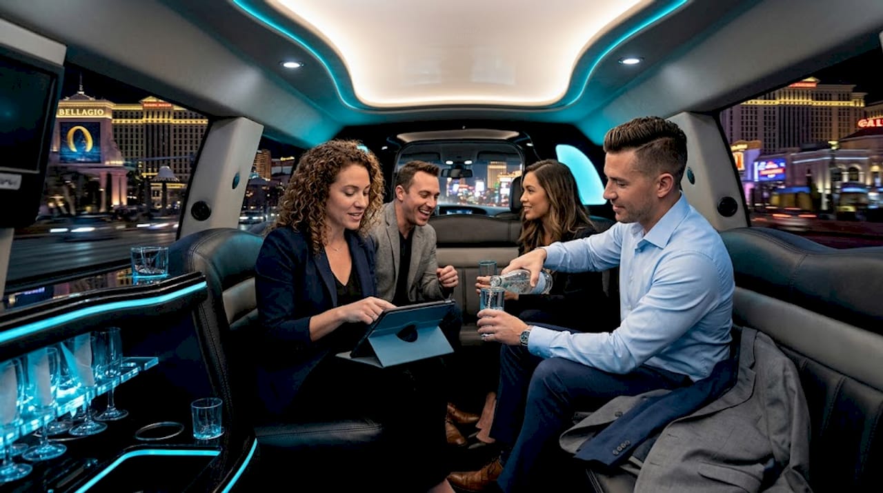 Colleagues talking inside limousine during company tour