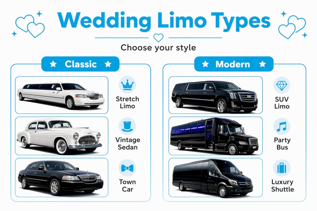 Infographic comparing classic and modern wedding limo types