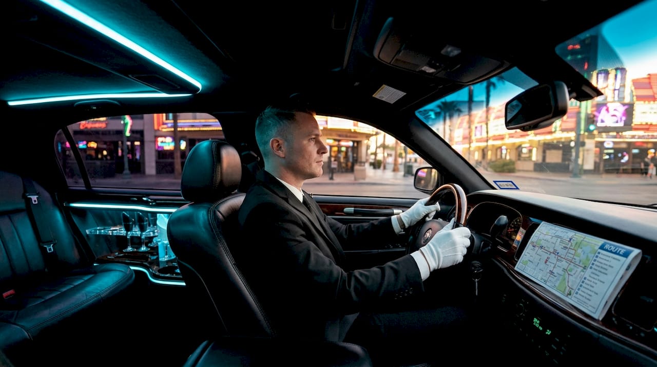 Chauffeur driving limousine through city streets