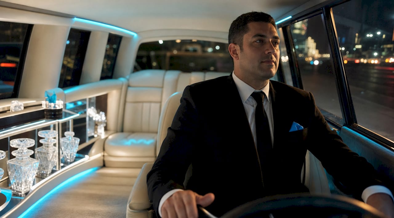 Inside limousine with chauffeur and luxury amenities