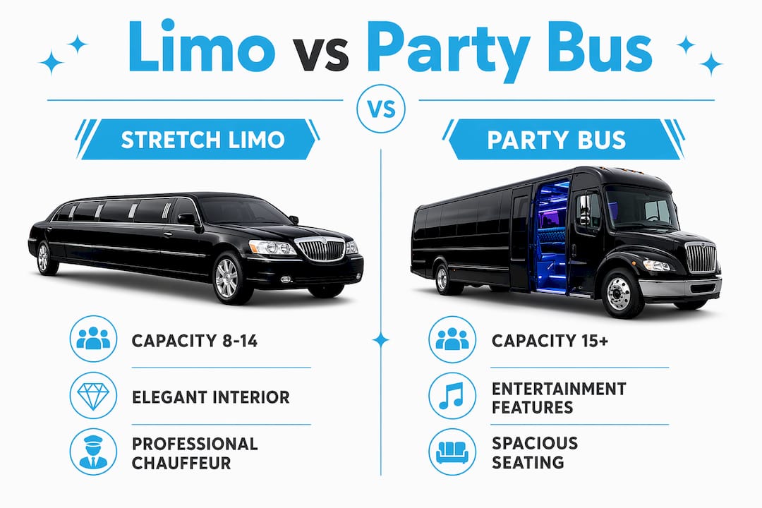 Infographic comparing stretch limo and party bus features