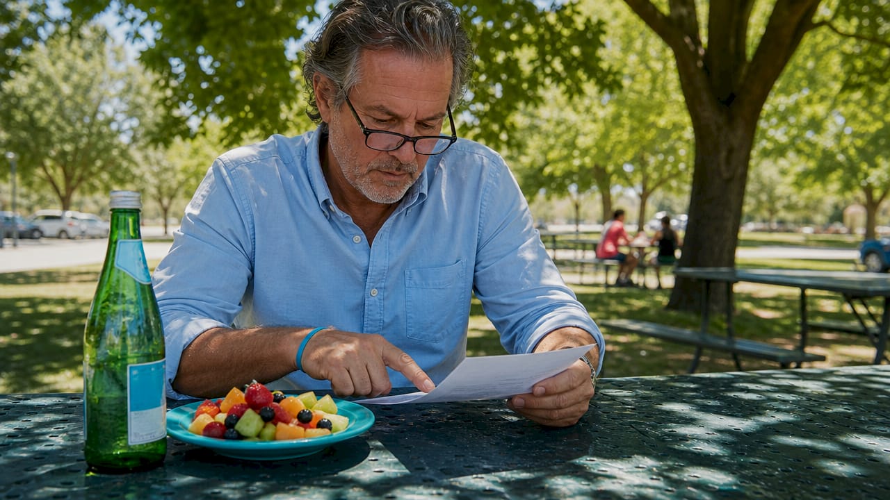 Man reviewing all-inclusive package details at café