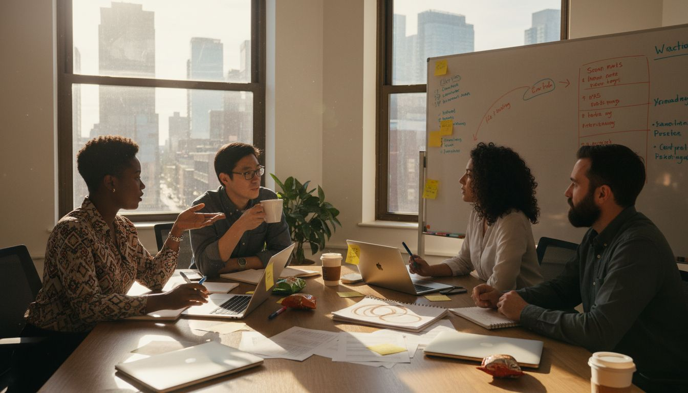 Team discussing culture in bright office