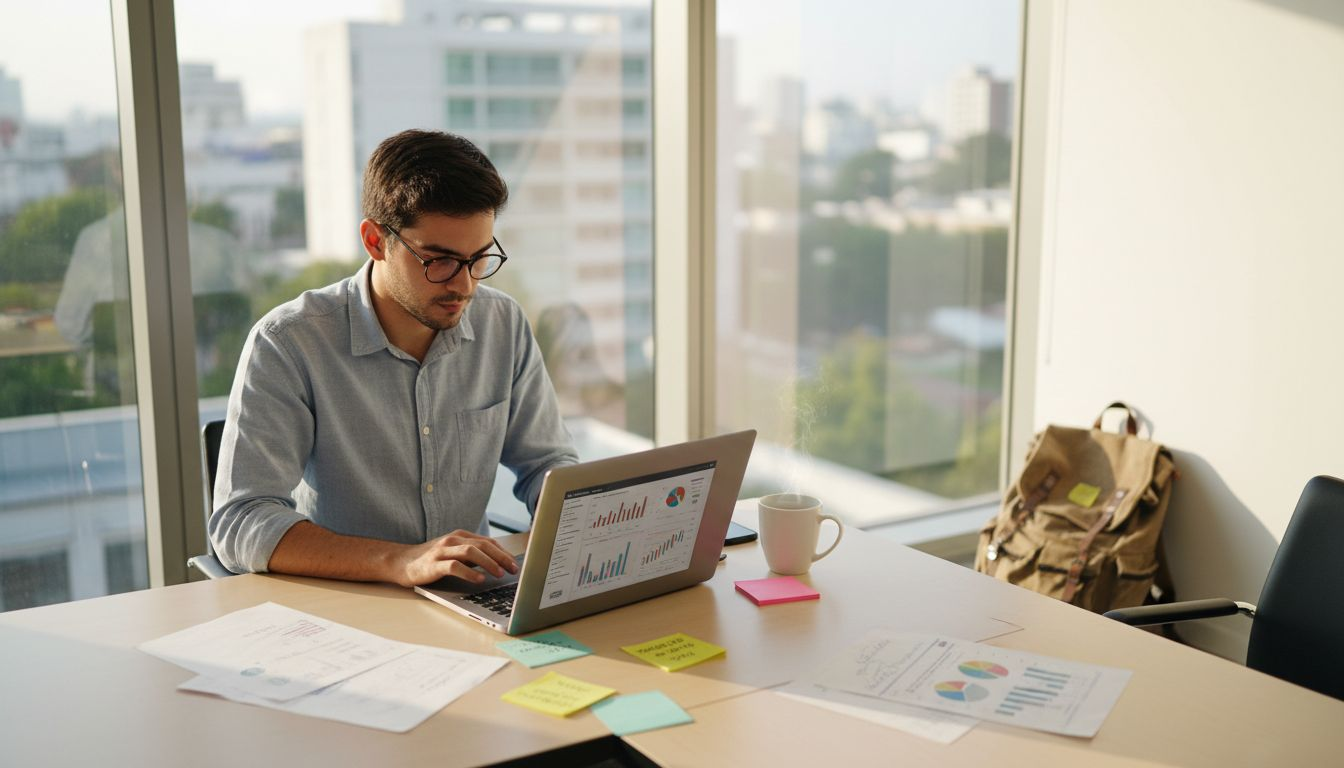 Un joven analiza en la oficina distintos gráficos sobre habilidades blandas.