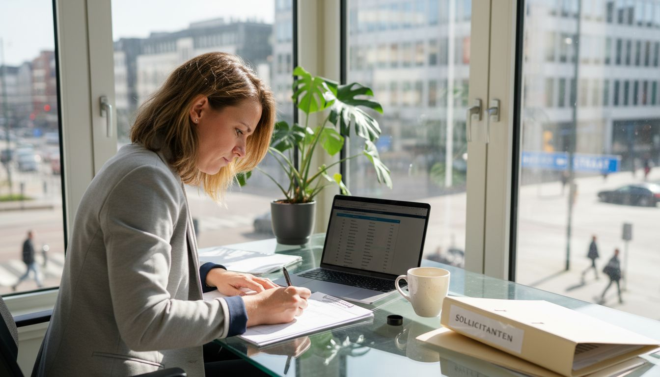 De HR-manager bladert door stapels cv’s aan het bureau in een zonnig kantoor.