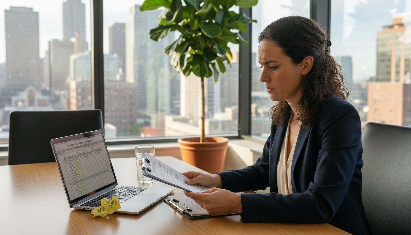 HR manager reviewing interview question list in corner office