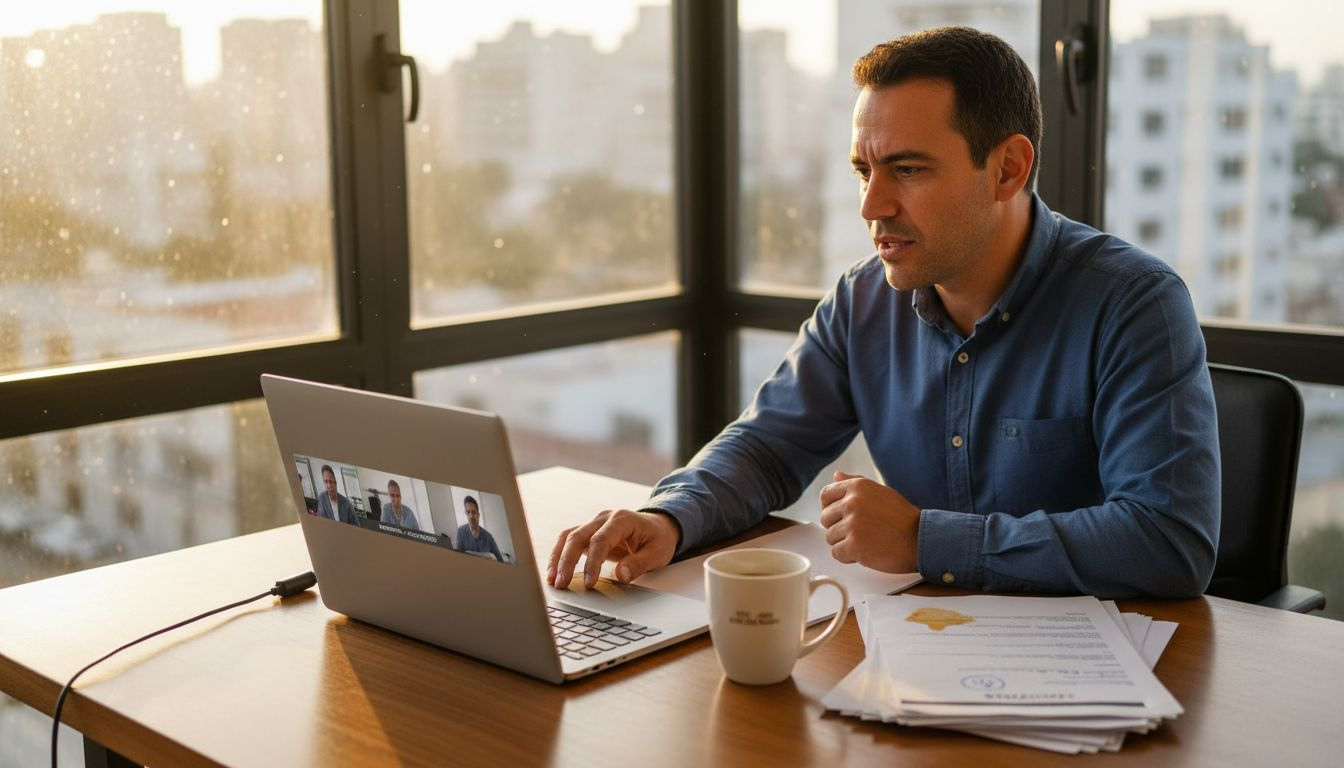 Candidato a un puesto de trabajo participando en una entrevista sobre inteligencia artificial en una oficina luminosa