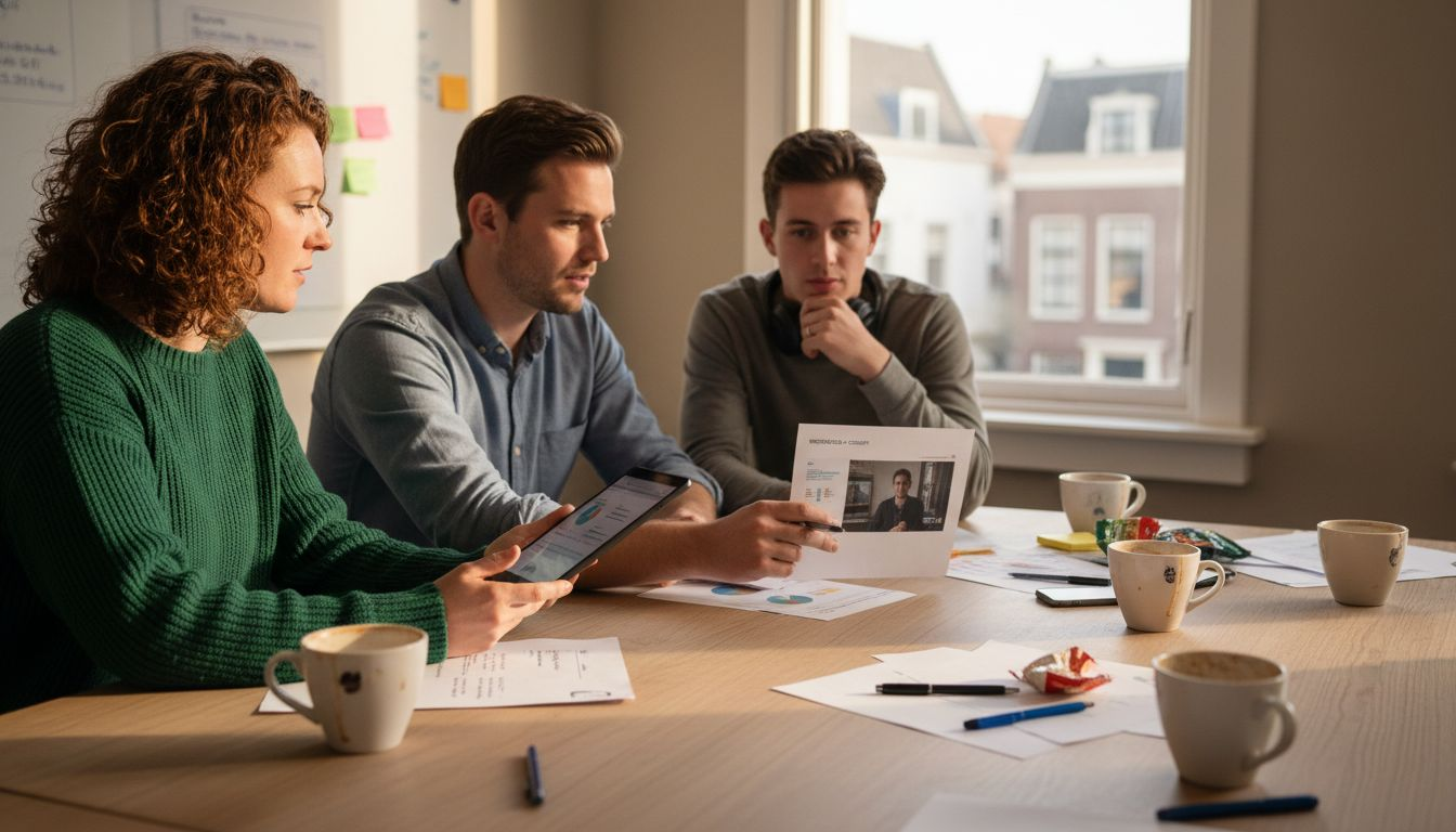 Het team zit samen aan tafel om de beoordelingen van de kandidaten door te nemen.