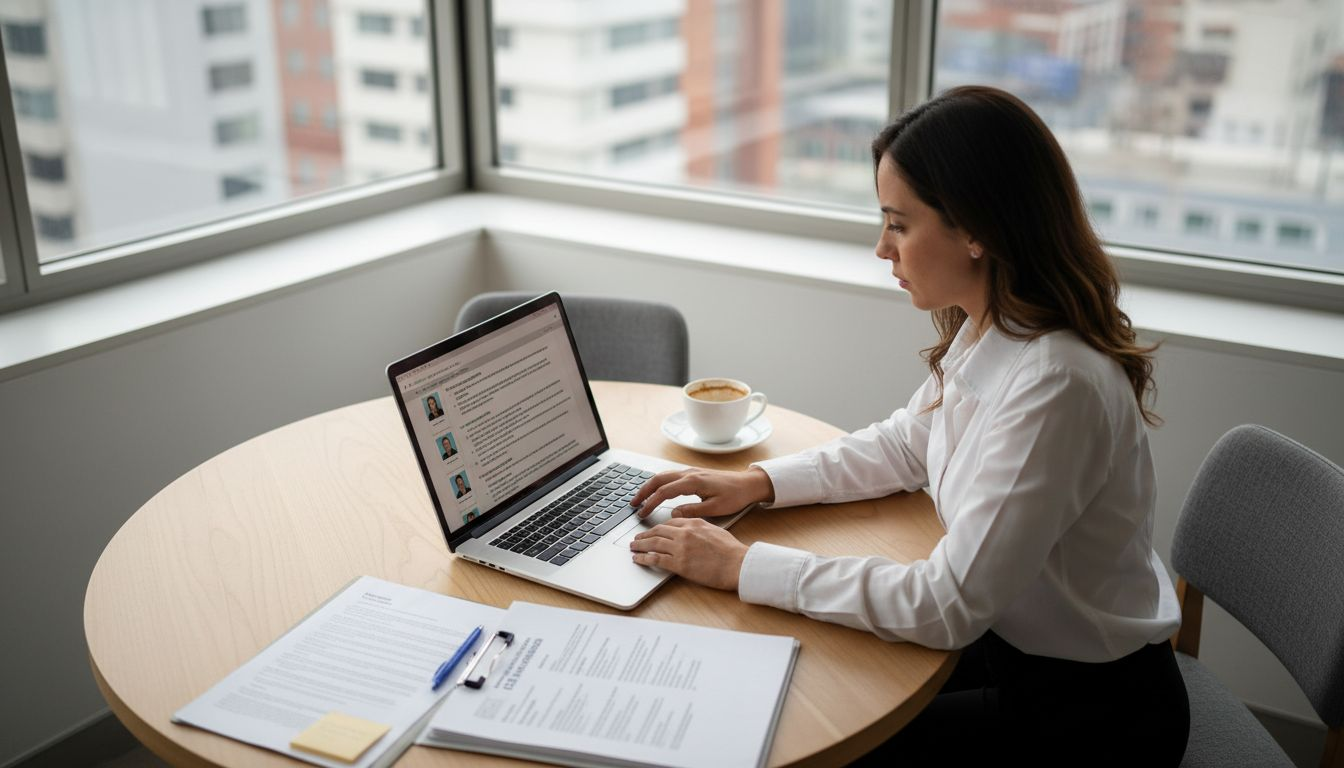 Un gerente analiza currículums en su despacho, rodeado de luz natural.