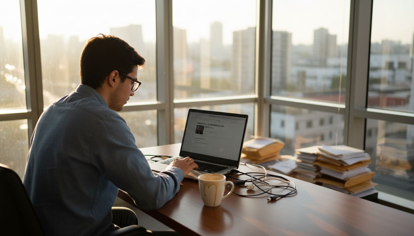 Un reclutador analiza el portafolio digital de un candidato en su despacho.
