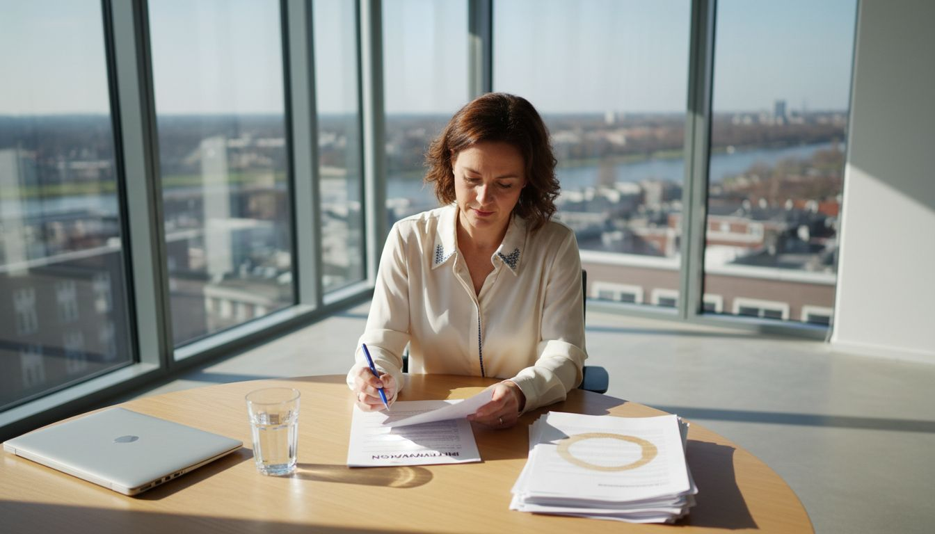 Een HR-manager bekijkt zorgvuldig de gestructureerde vragenlijst die tijdens sollicitatiegesprekken gebruikt zal worden.