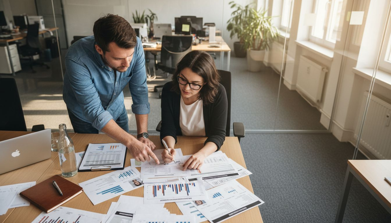 Das HR-Team tauscht sich über die aktuellen Ergebnisse des Bewerbungsprozesses aus.