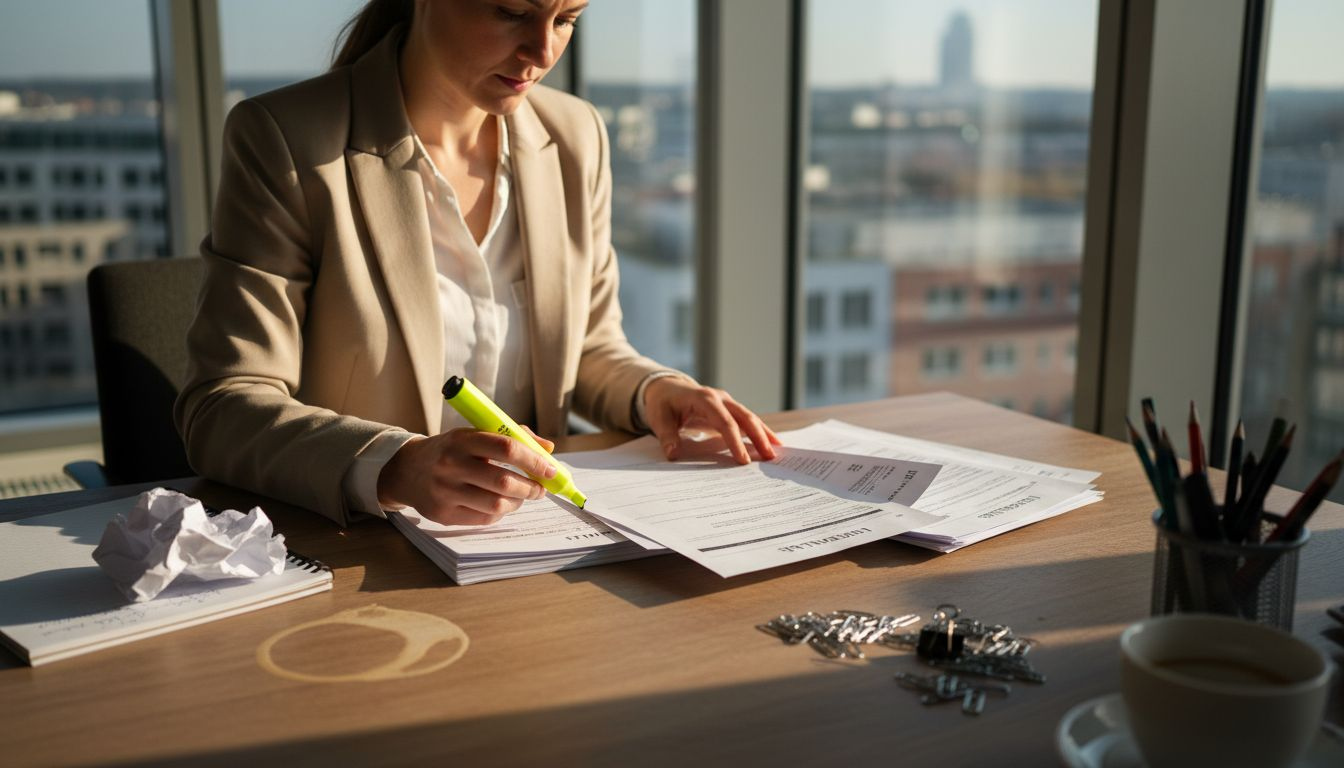 Ein Personalreferent sitzt in einem vollgestellten Büro und sichtet Lebensläufe.