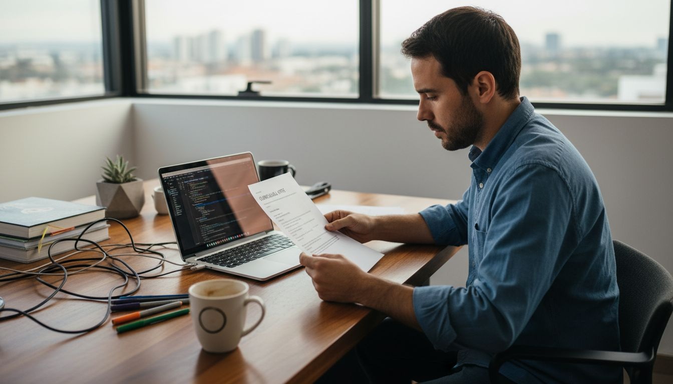 Un profesional revisa hojas de vida en su despacho, evaluando perfiles para una posible contratación.