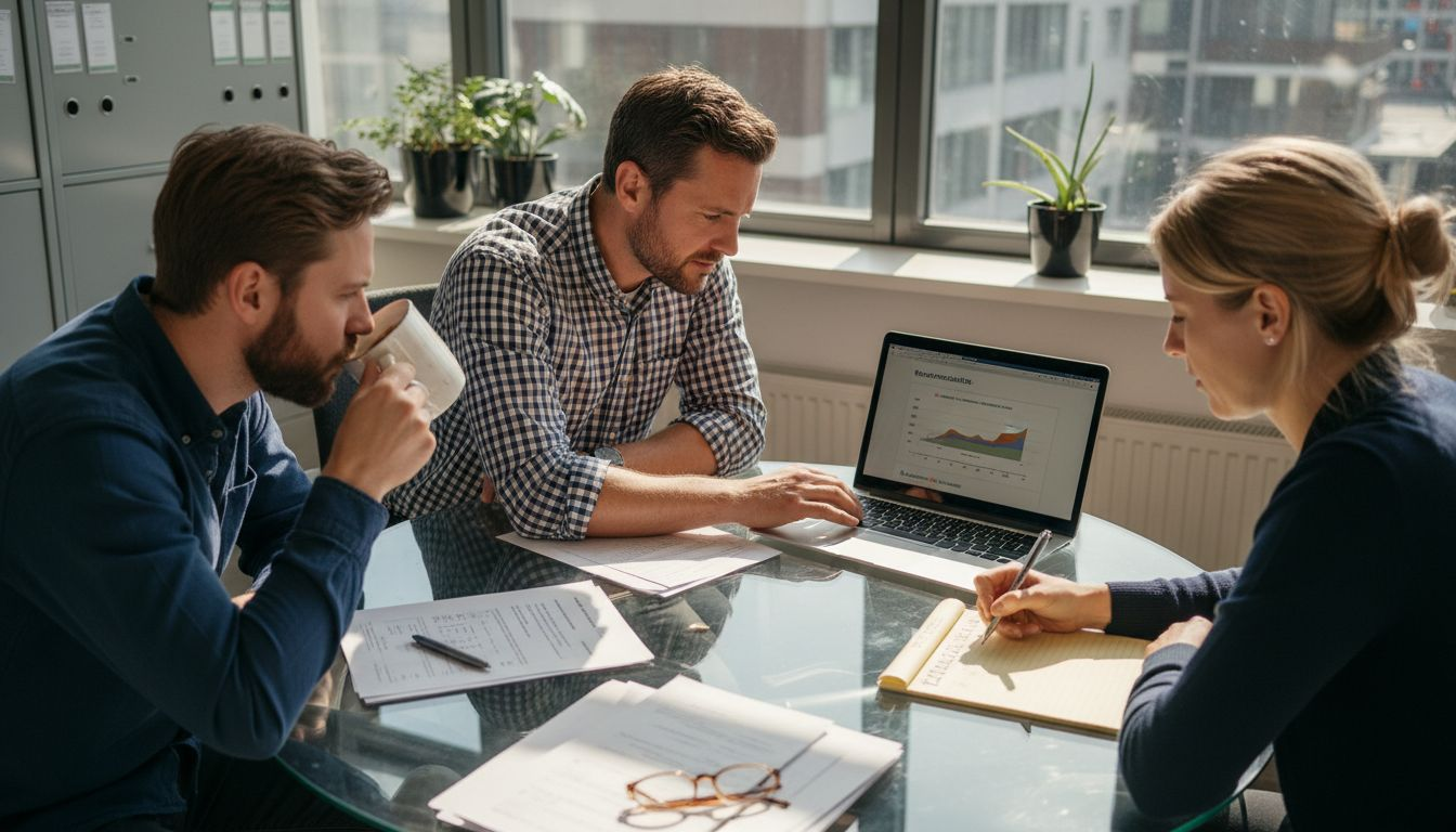 Een team bespreekt in een lichte, moderne kantoorruimte hoe ze sollicitatiegesprekken met behulp van AI gaan vormgeven.
