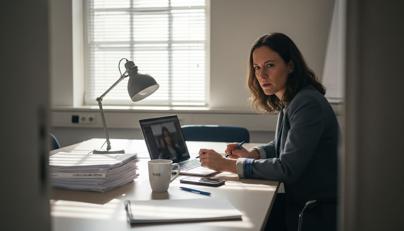 Een sollicitant voert een AI-gesprek terwijl hij achter een rommelig bureau zit.