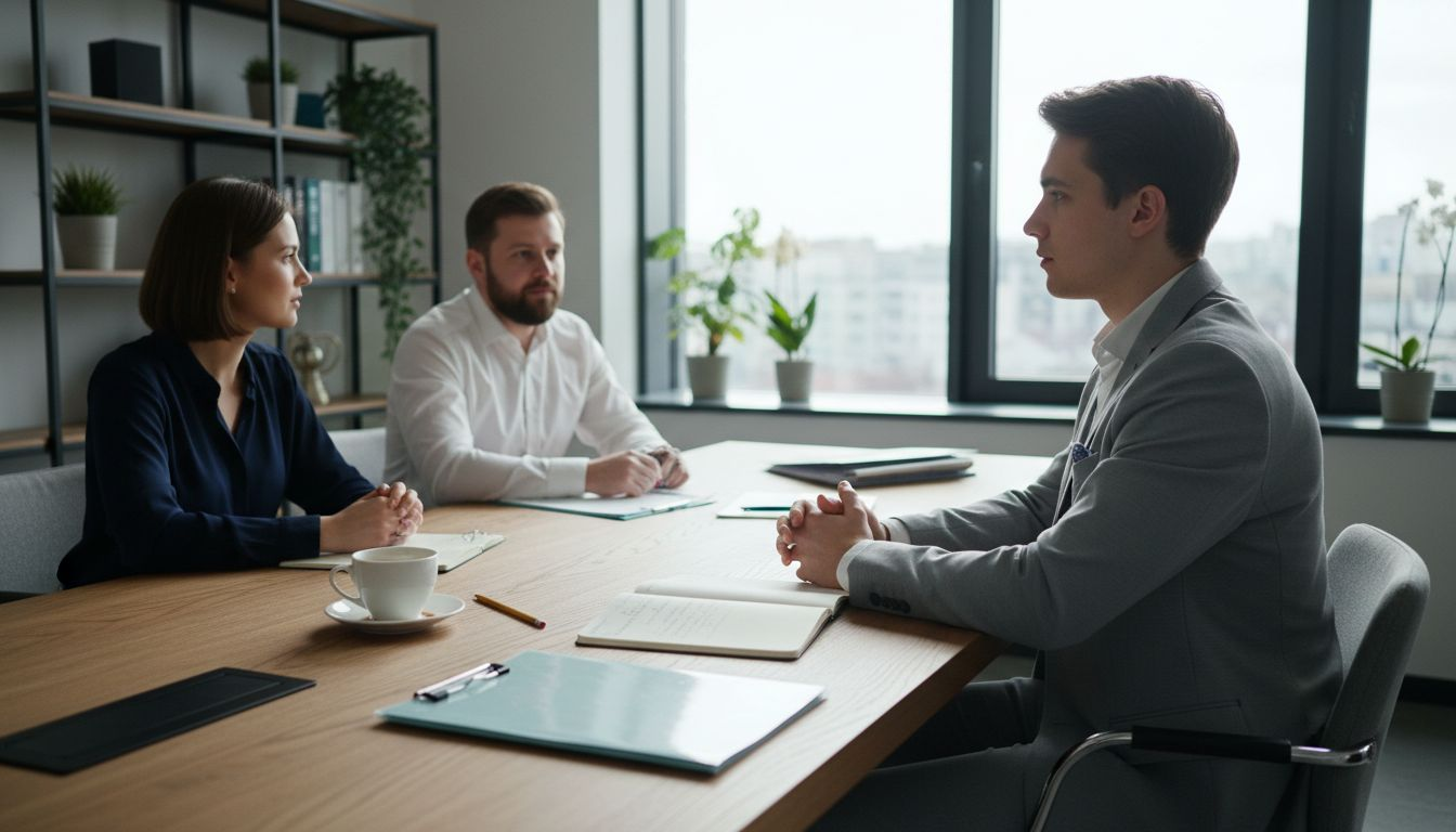 Een jonge man schuift aan voor een kennismakingsgesprek met het team.