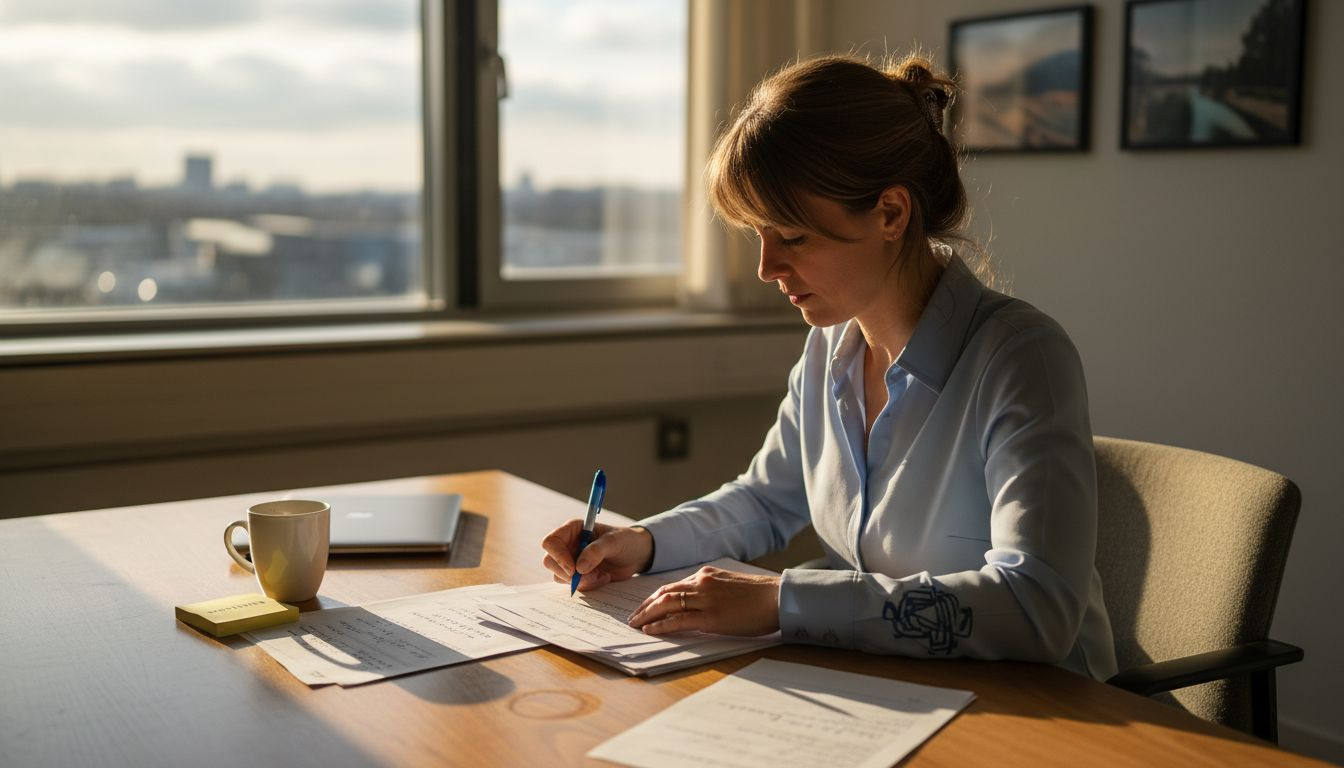 Een vrouw zit aan haar bureau en stelt zorgvuldig haar lijst met interviewvragen samen.