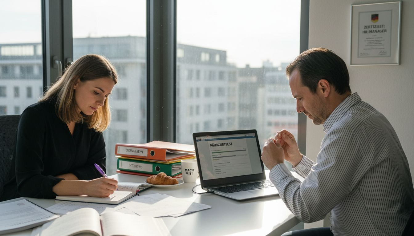 Ein Personalmanager verfolgt aufmerksam, wie ein Bewerber seine Fähigkeiten in einem Praxistest unter Beweis stellt.