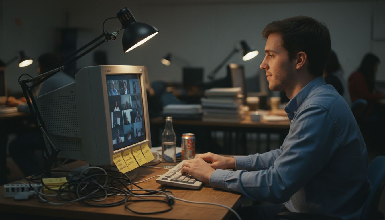 Un candidato participa en una entrevista con inteligencia artificial en una oficina sencilla.