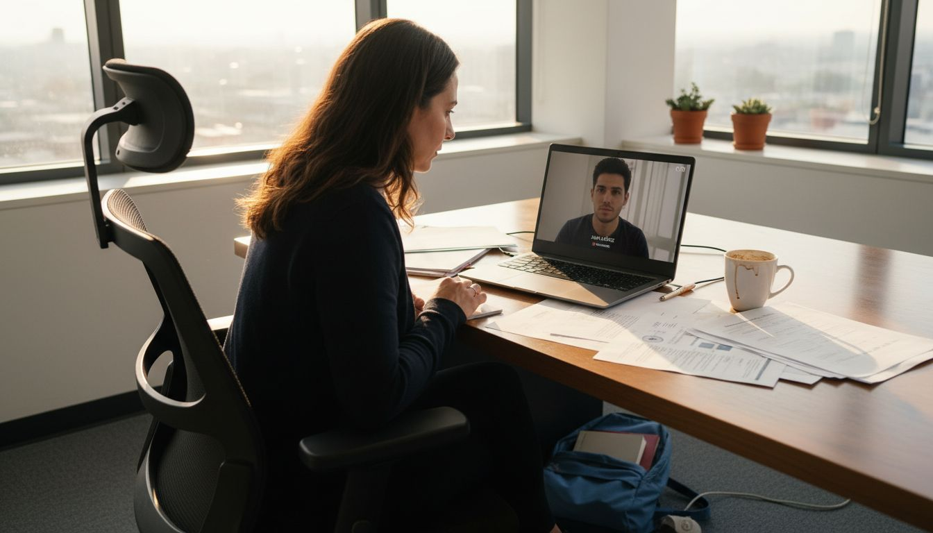 Especialista en selección analiza una entrevista realizada con inteligencia artificial desde su portátil.