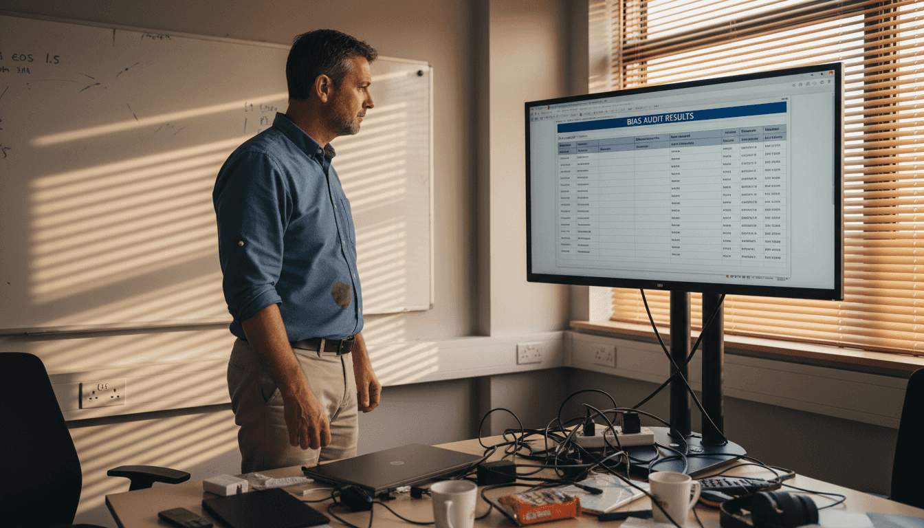 IT specialist reviewing AI bias audit spreadsheet