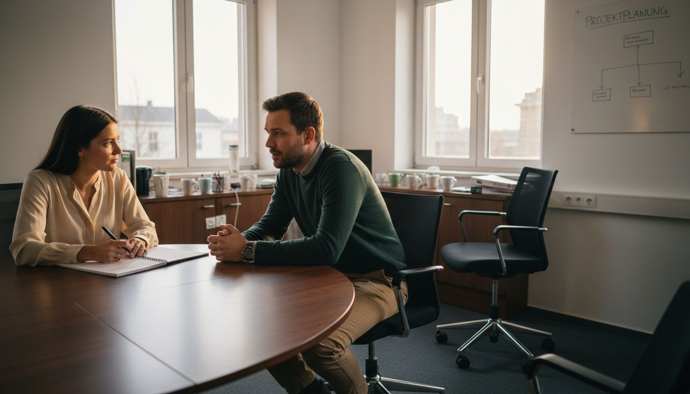 Vorstellungsgespräch in einem freundlich hellen Büro, auf dem Tisch liegen Notizen bereit.