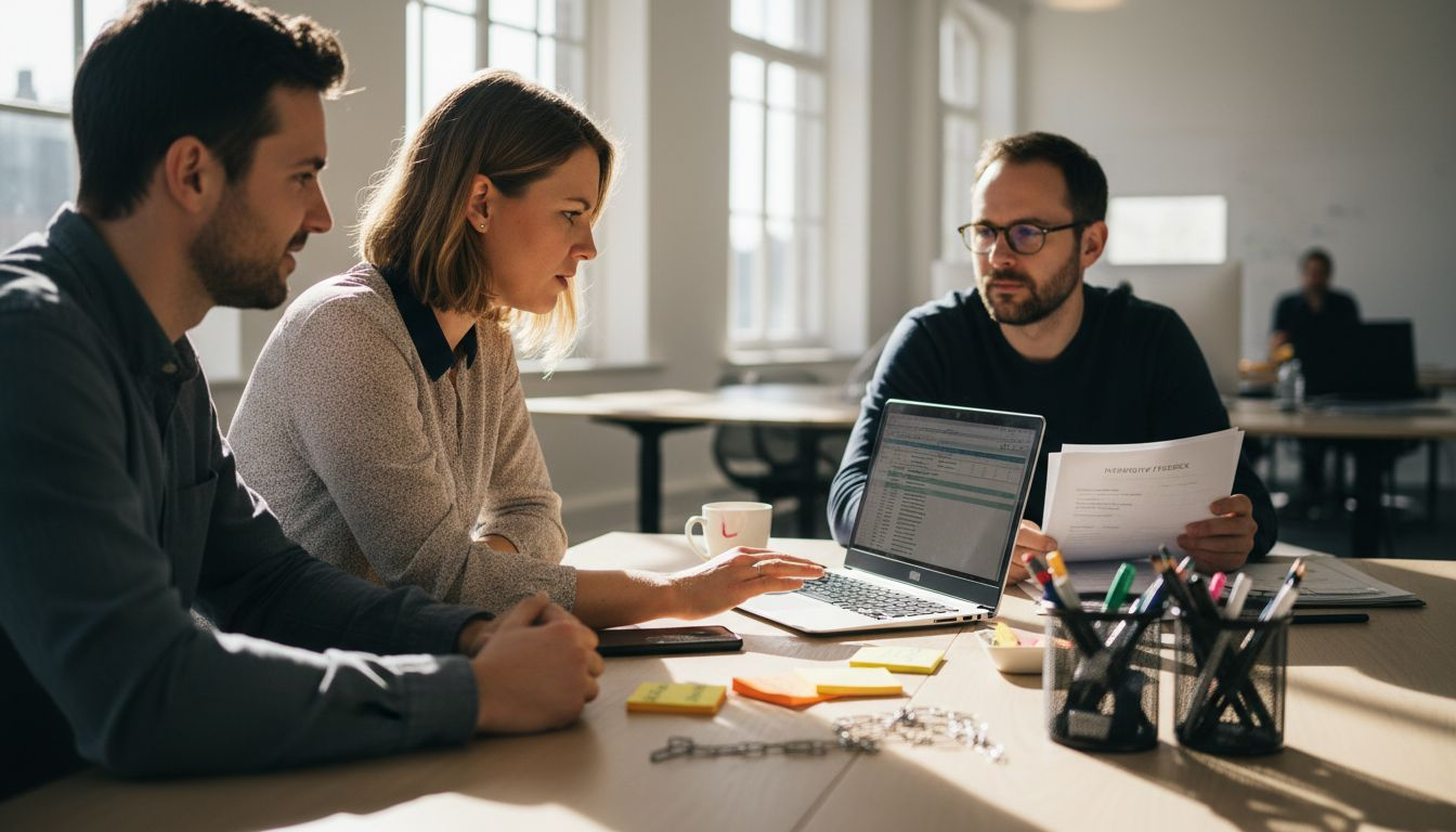 Het team overlegt op kantoor over het sollicitatieproces.