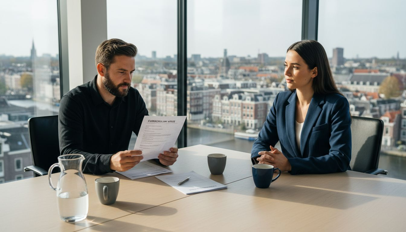Een sollicitatiegesprek op kantoor tussen de HR-afdeling en een potentiële nieuwe medewerker.
