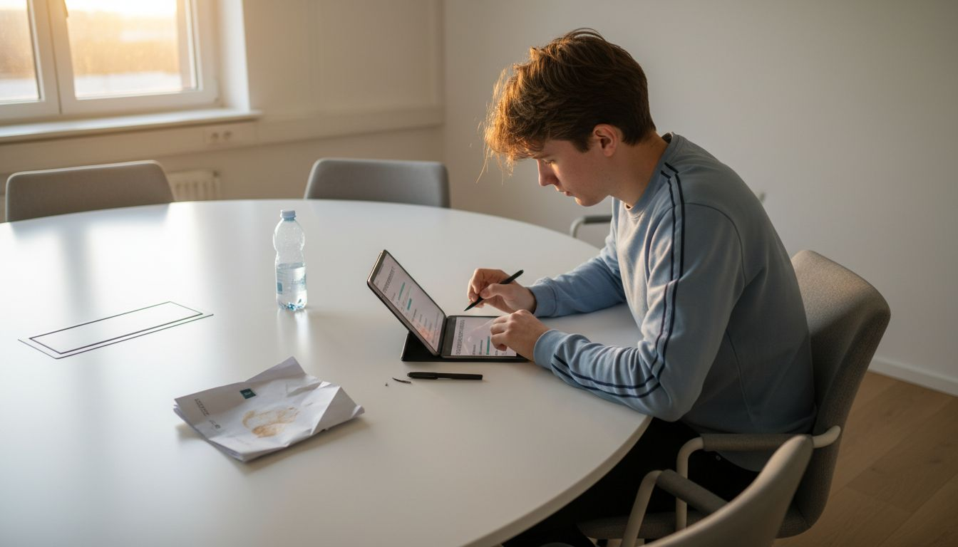 Man vult psychometrische test in tijdens vergadering