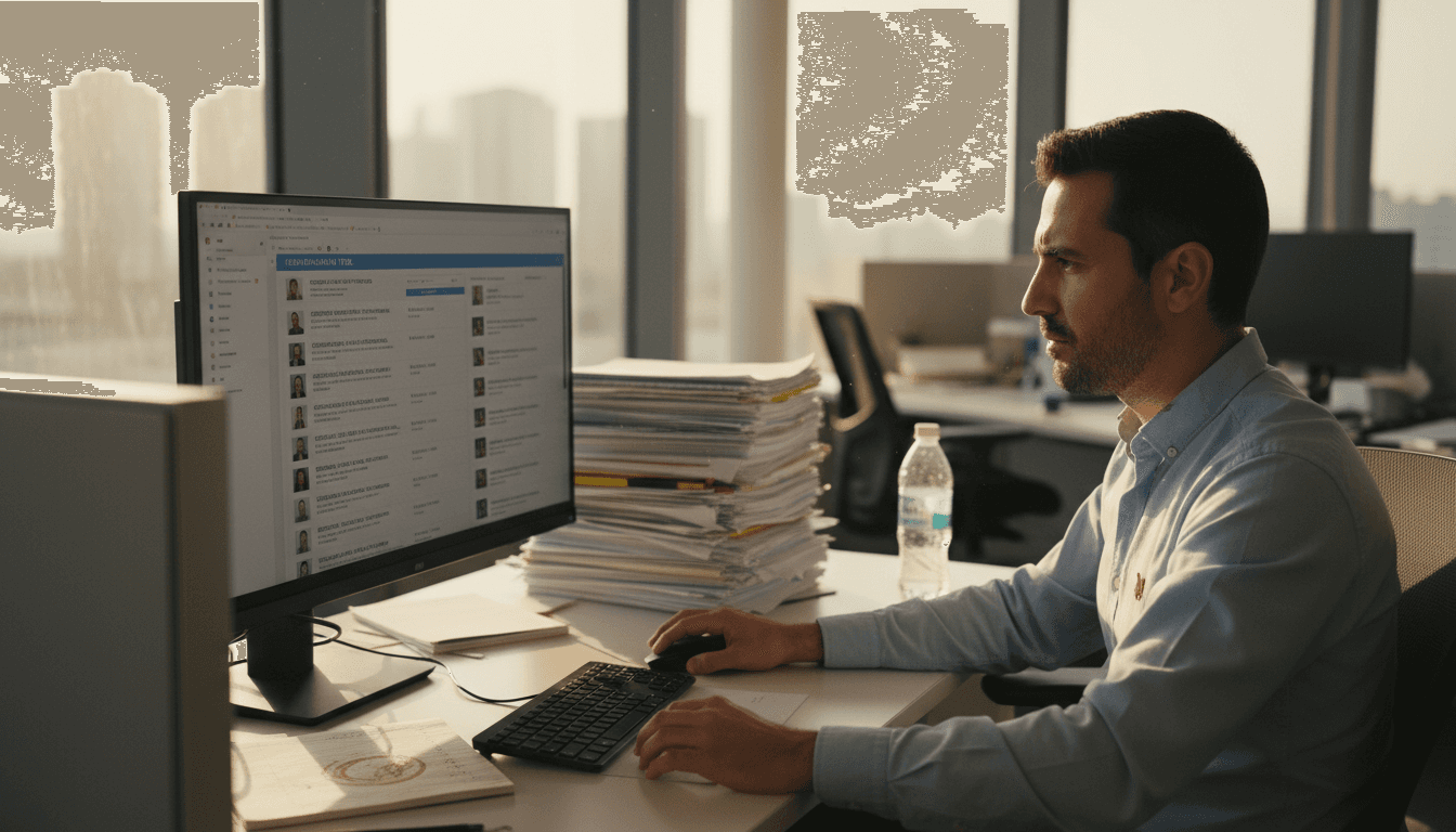 Responsable de selección revisando currículums en su escritorio