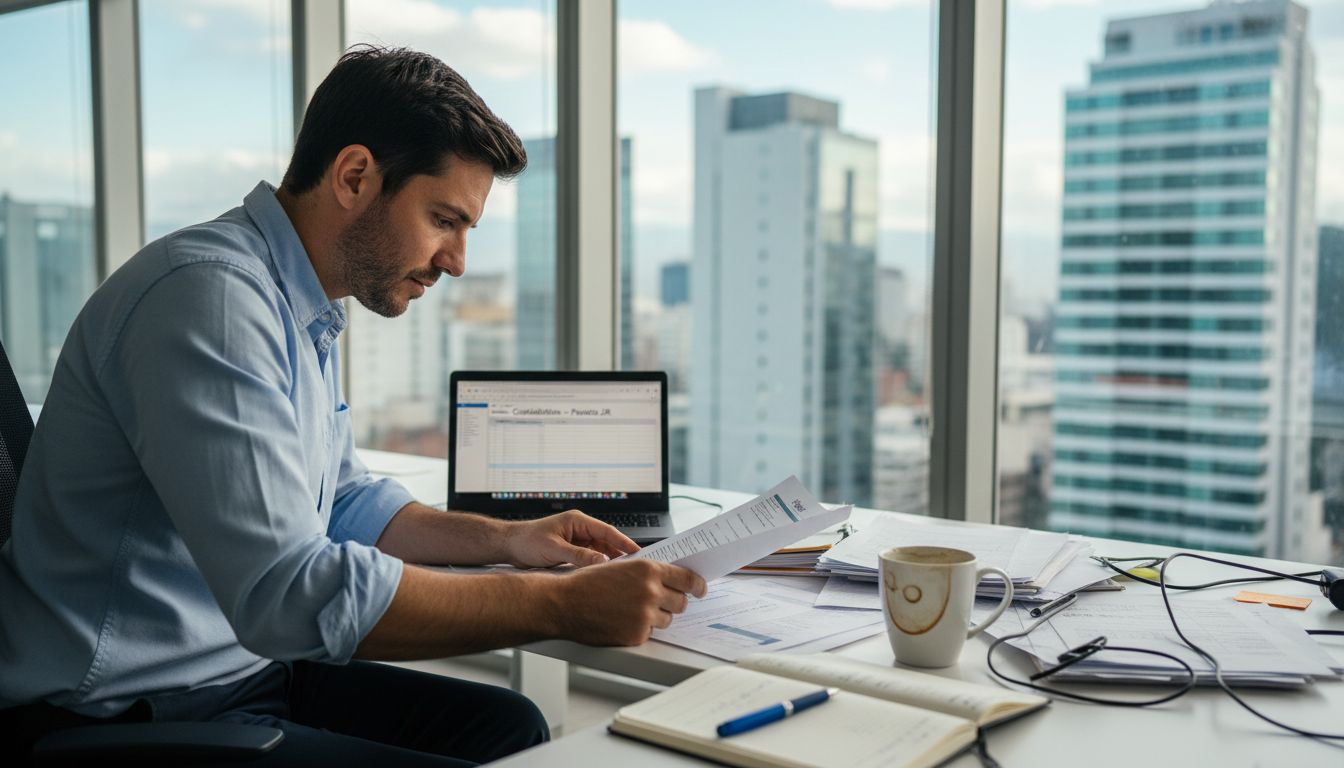 Especialista en selección de personal revisando hojas de vida en una oficina tecnológica