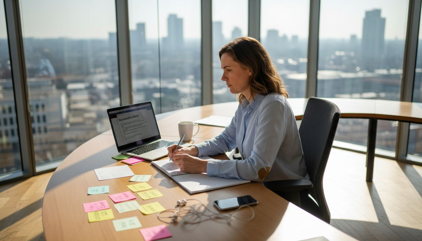 Een HR-manager bekijkt cv’s van sollicitanten in zijn kantoor op de hoek.