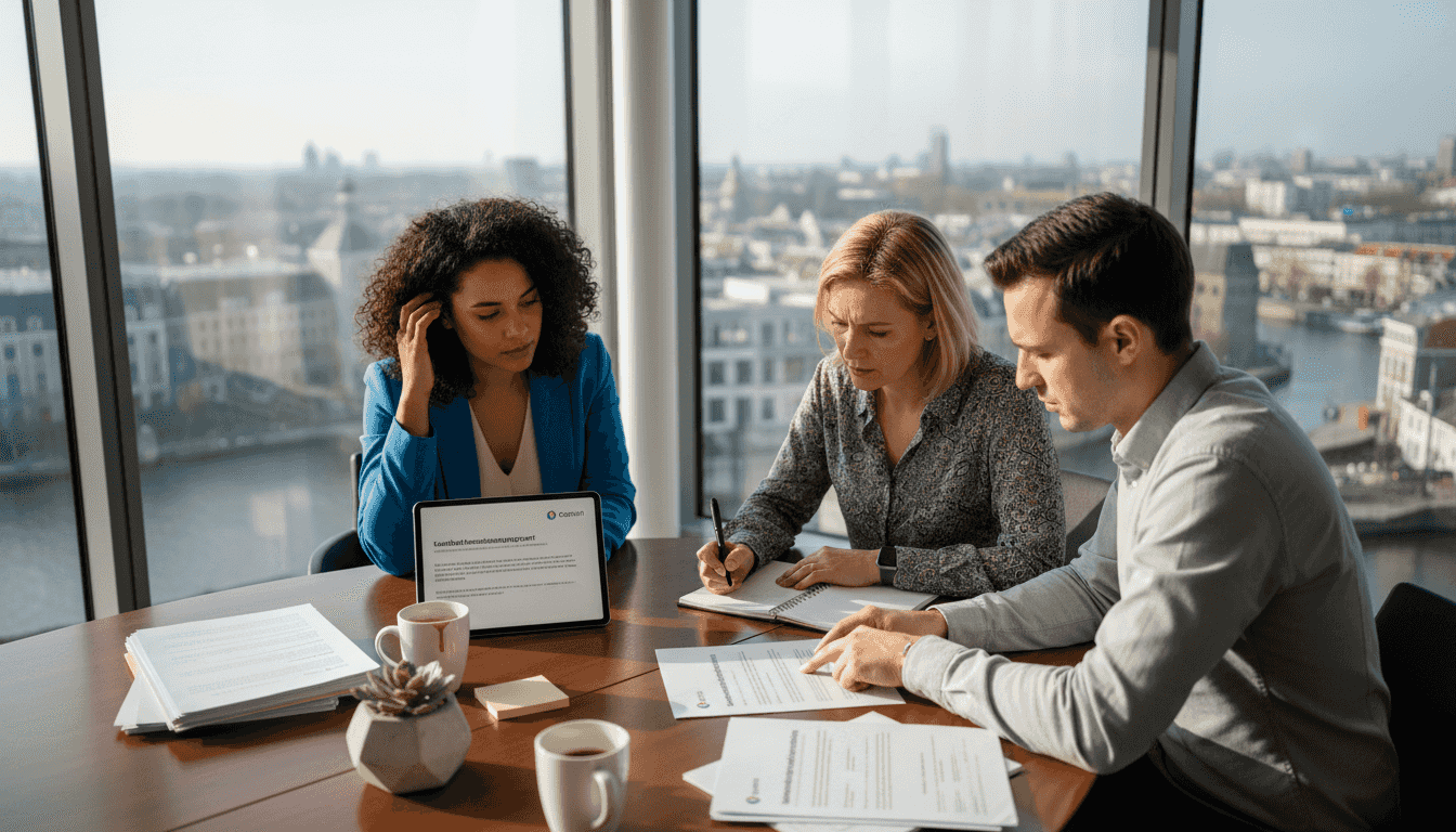 Het HR-techteam bespreekt de beoordelingsresultaten in het kantoor op de hoek.